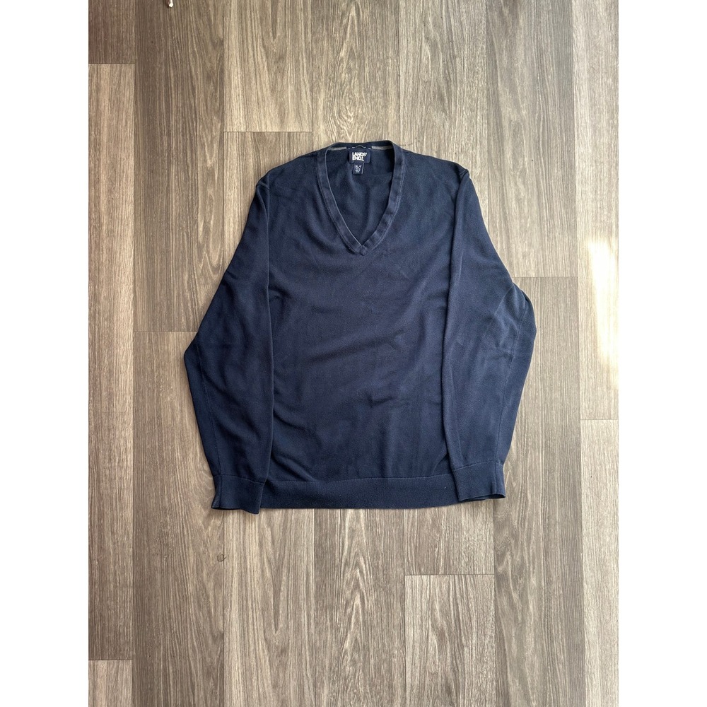 Lands End Mens XL Tall Navy Blue Supima Cotton V-Neck Pullover Sweater 46-48
